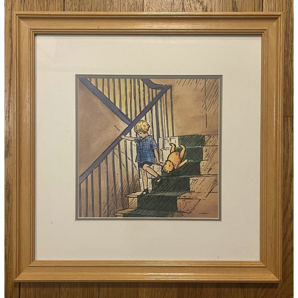 Classic Winnie The Pooh Framed Matted Print 15" x 15" Robin & Pooh On The Stairs